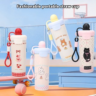 Bình nước giữ lạnh Cốc cách nhiệt inox 316 Cốc cà phê hoạt hình dễ thương 600ML Dây cầm tay dạng di động Cốc nước rơm T01310