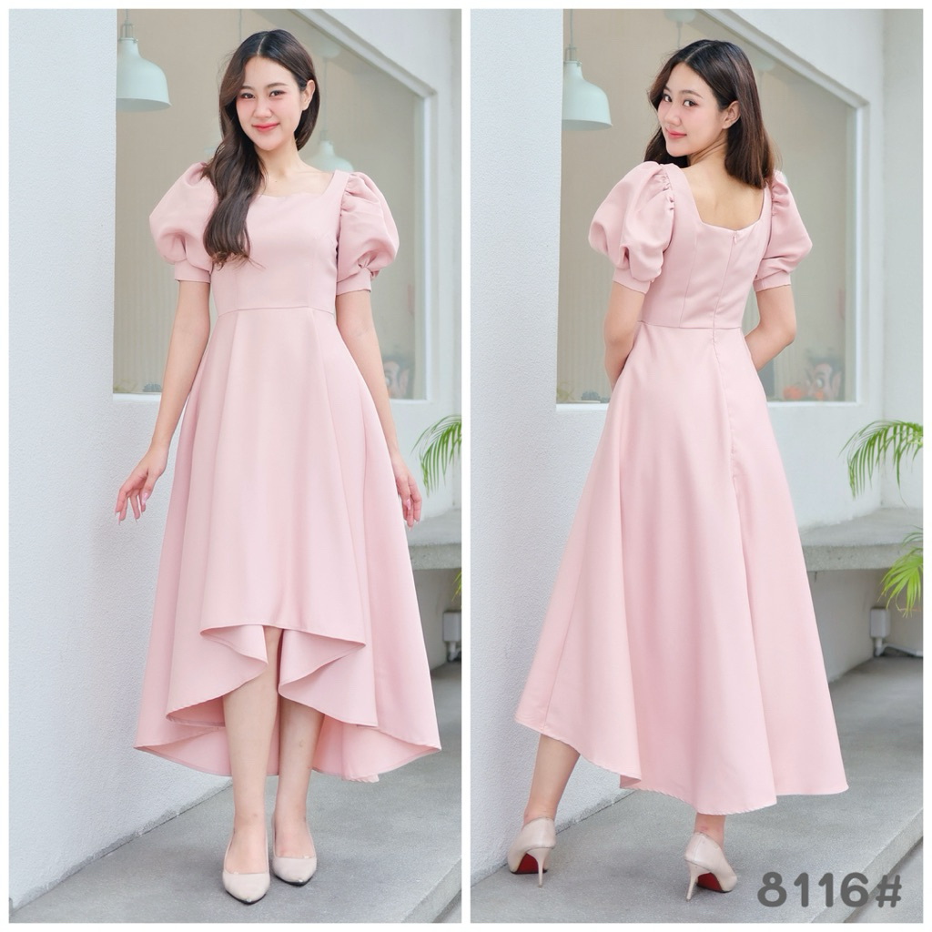 เดรสแขนบอลลูนสไตล์เกาหลี Midi Dress ไปงานแต่ง เพื่อนเจ้าสาว ผ้าดีมีซับใน มุมมองที่ 3