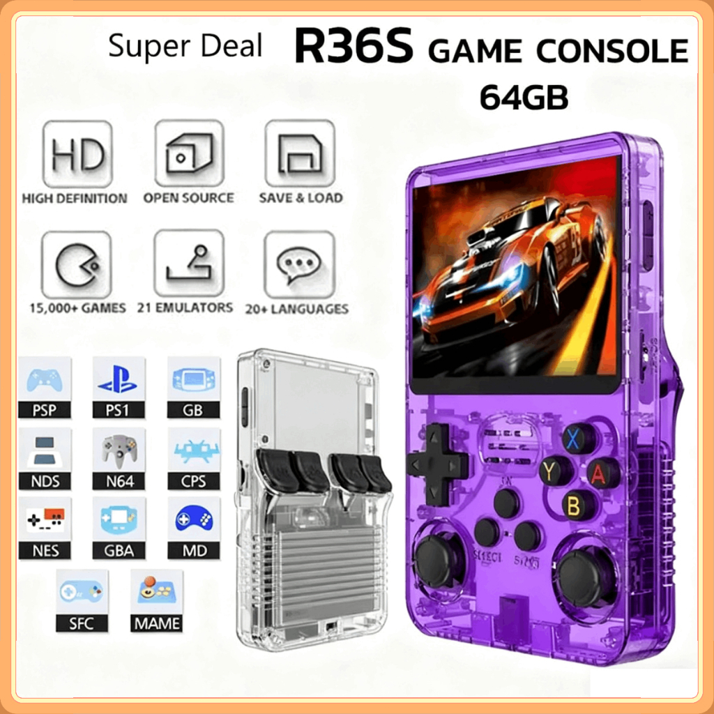 64GB R36s Retro คอนโซลเกมมือถือ Linux 35 นิ้วหน้าจอ IPS พกพา ...