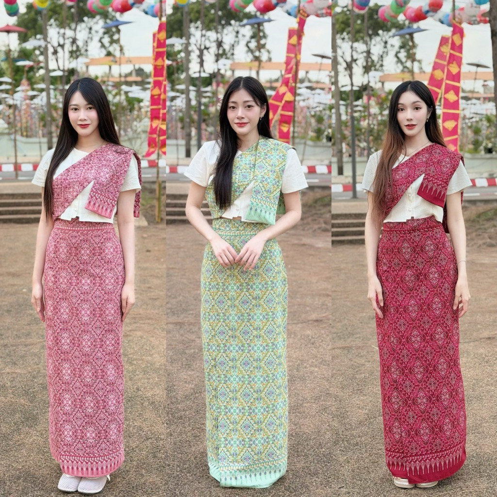 ชุดเซตผ้าไทย 3ชิ้น เสื้อกระดุมไข่มุก สไบพาดไหล่ กระโปรงป้าย(ผ้าฝ้ายพิมพ์ลาย)