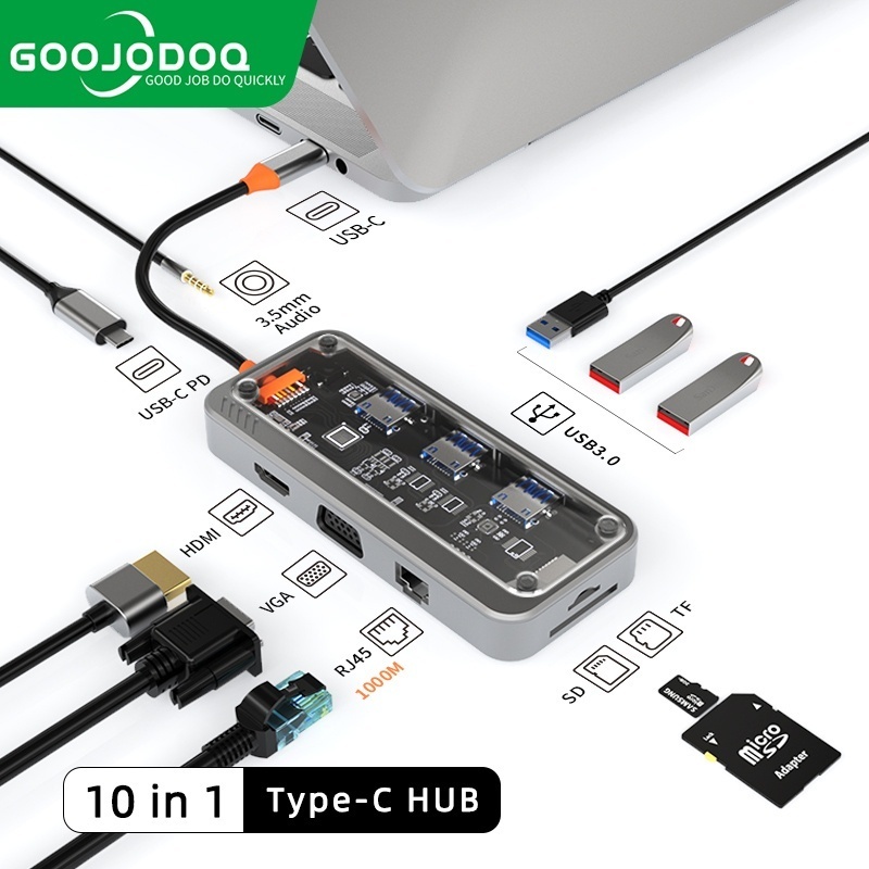 GOOJODOQ Hub ฮับ Usb C 10 8 6 5 In 1 แบบใส สําหรับโน้ตบุ๊ก การ์ดรีดเดอร์