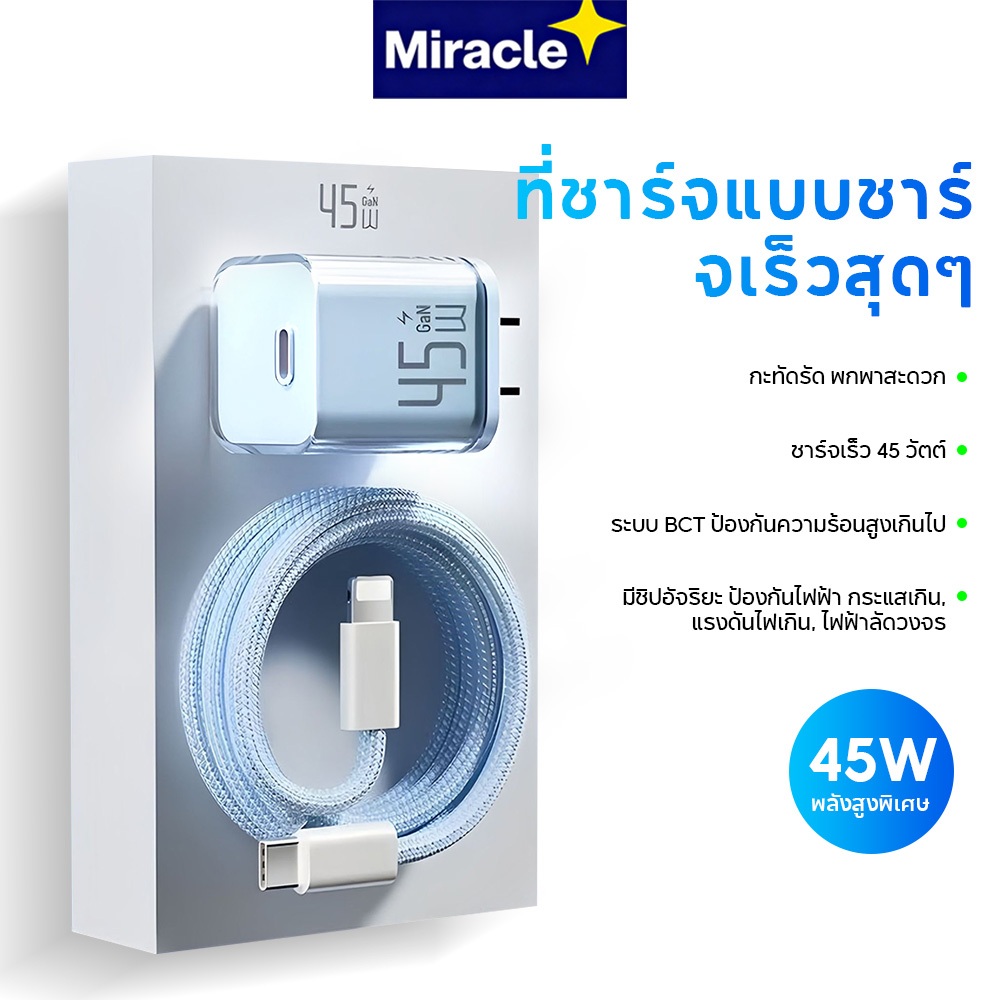 Miracle 45W GaN หัวชาร์จเร็ว+100Wสายชาร์จเร็ว iP รองรับเทคโนโลยี PD PPS ...
