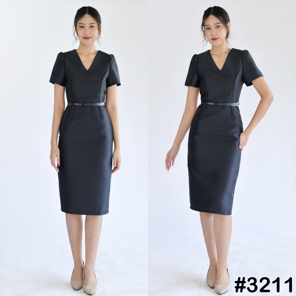 VG3211 เดรสคอวีพร้อมเข็มขัด ชุดออกงานทางการ ทรงสุภาพ ชุดพิธีการ เดรสทำงาน [LUXURY707]