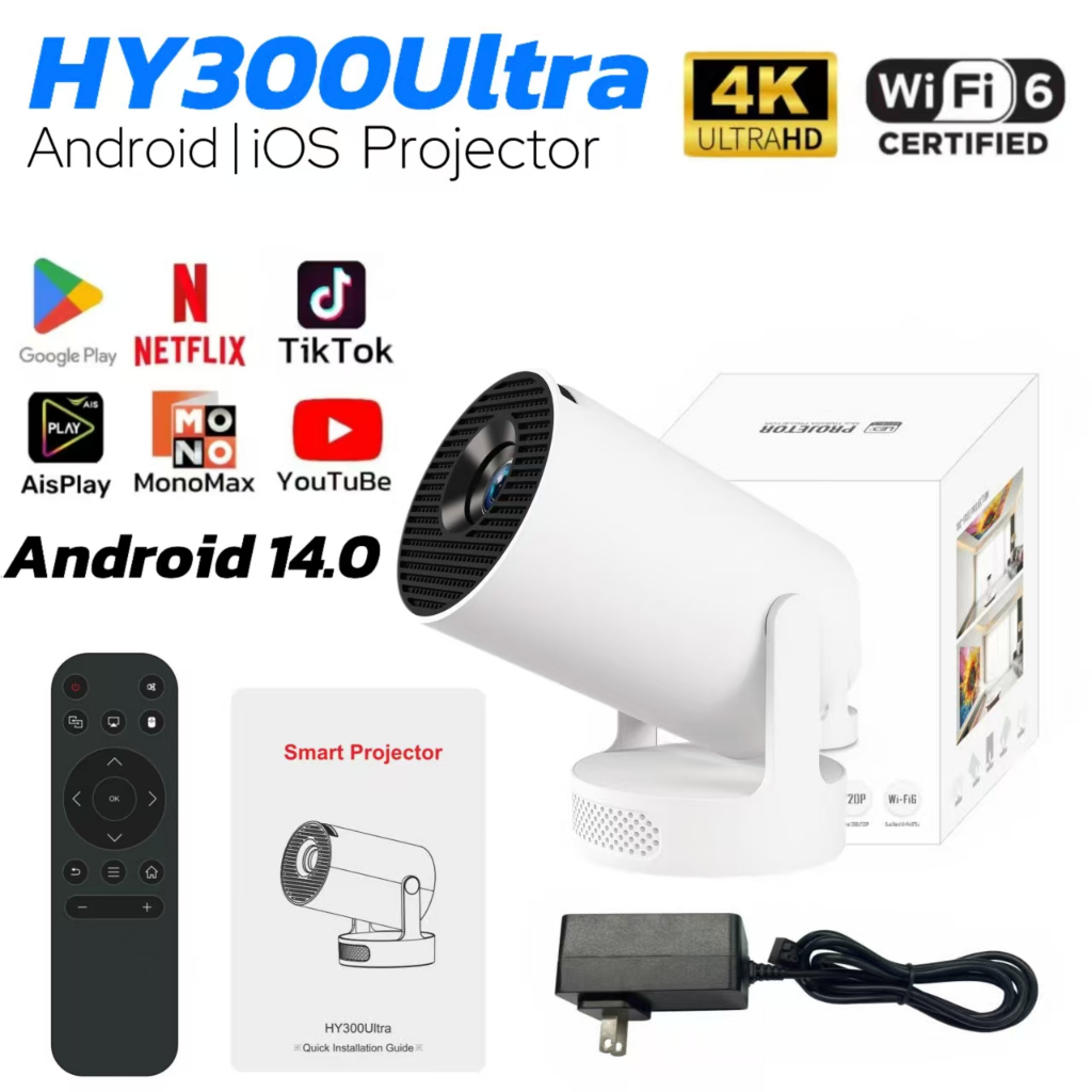 โปรเจ็กเตอร์ HY300 Ultra 2+16GB 4K Projector Android14 WiFi6.0/บลูทูธ5. ...