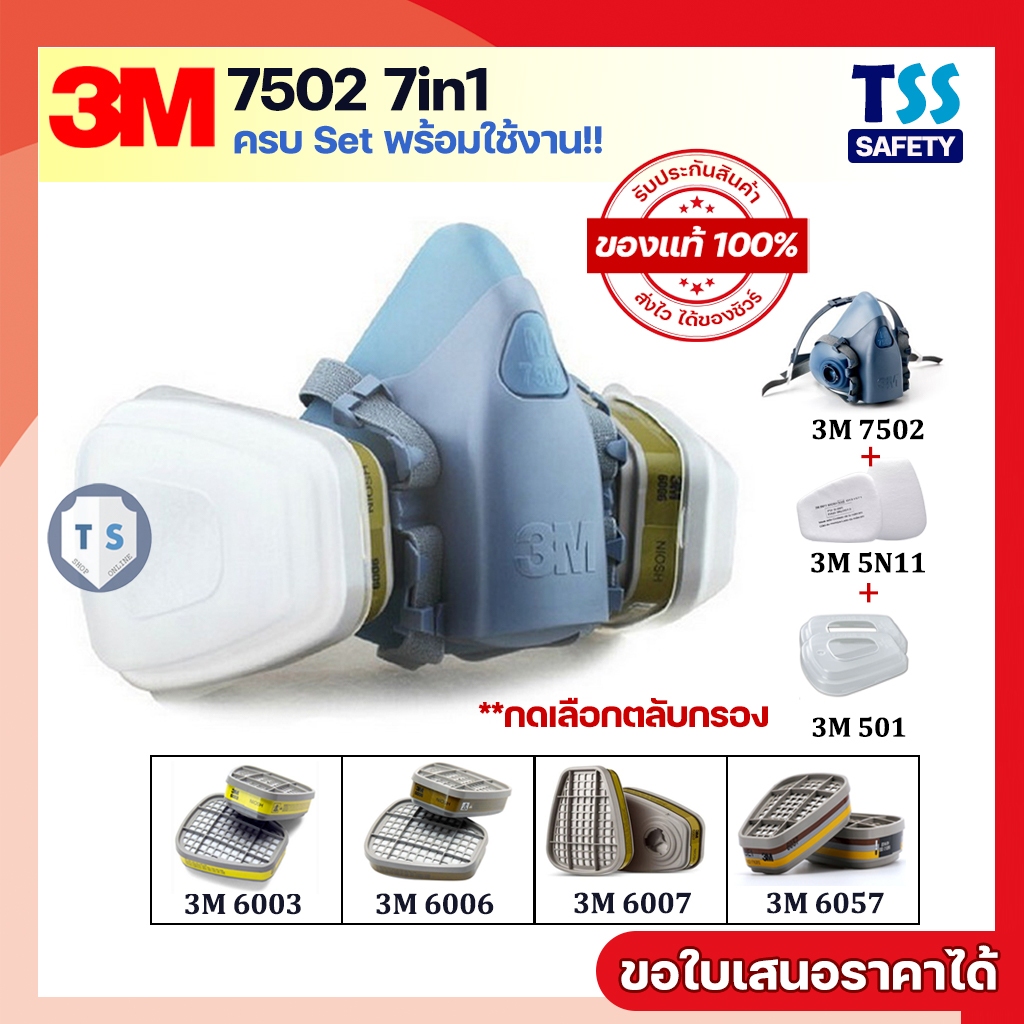 (ของแท้)3M 7502+พร้อมตลับกรอง 6003/6006/6007/6057 ชุดหน้ากากป้องกันสาร ...