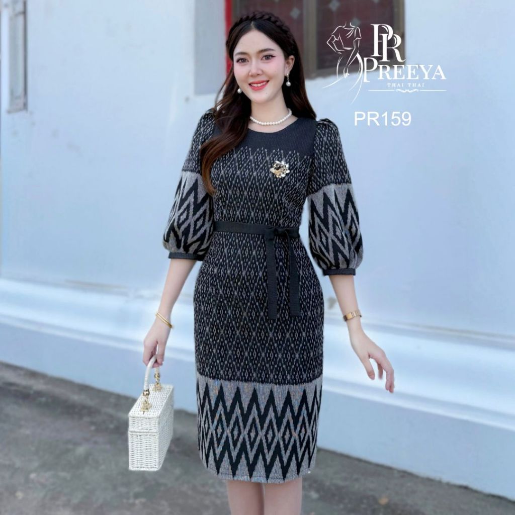 PR159 เดรสผ้าฝ้ายทอลายทรงสอบ อัดกาวทั้งชุด ใส่แล้วไม่ร้อน ไซส์S-2XL แบรนด์ Preeya มุมมองที่ 4