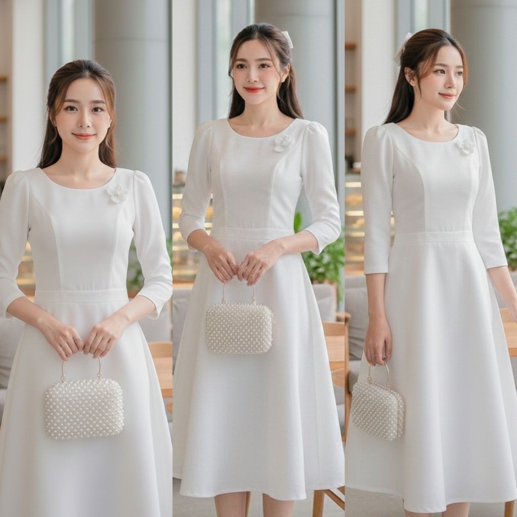 เดรสผ้าไหม 4 เส้น คอปาด กระโปรงบาน ไซส์ S-4XL ใส่ได้ทุกโอกาส ดูแพงหรู