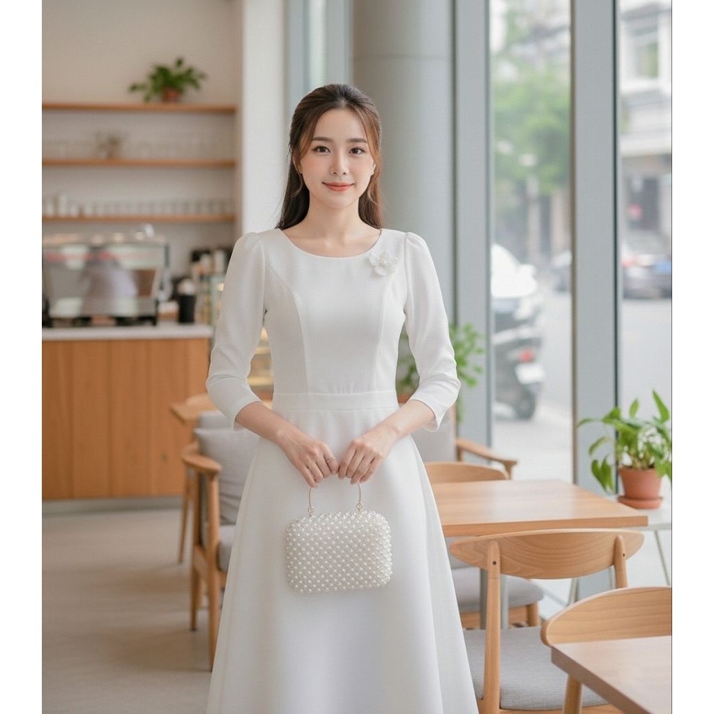 เดรสผ้าไหม 4 เส้น คอปาด กระโปรงบาน ไซส์ S-4XL ใส่ได้ทุกโอกาส ดูแพงหรู มุมมองที่ 5