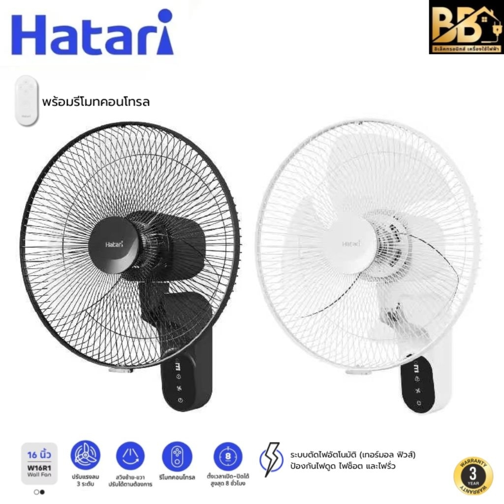 Hatari พัดลมติดผนัง 16 นิ้ว พร้อมรีโมทคอลโทรล รับประกัน 3 ปี (W16R1 ...