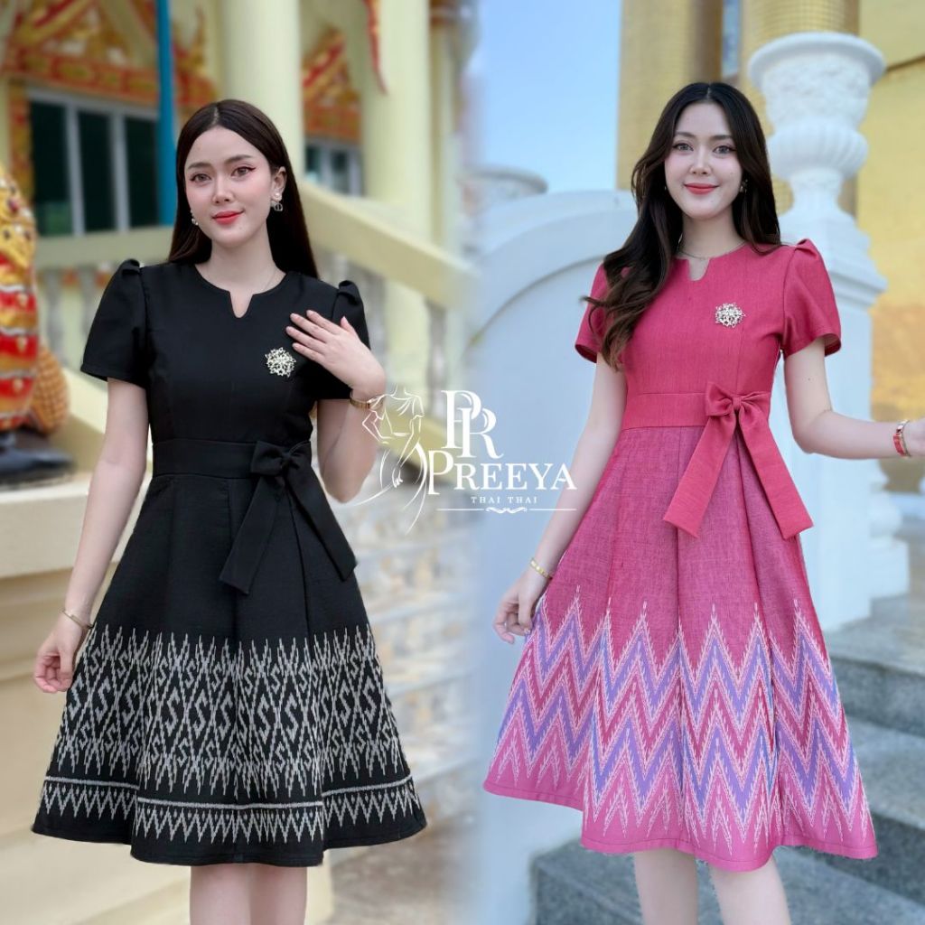 PR166 เดรสผ้าฝ้ายทอลายอัดกาว ไซส์S-2XL เนี๊ยบทุกคัตติ้ง | preeya