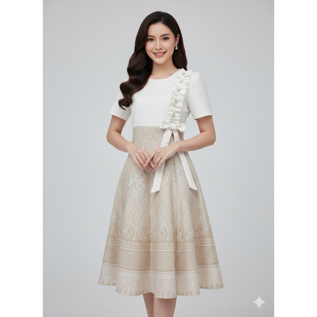 เดรสผ้าไทยผ้าฝ้ายทอลายอัดกาว Purrsona_kuties สวยทันใจ ใส่ได้ทันงาน