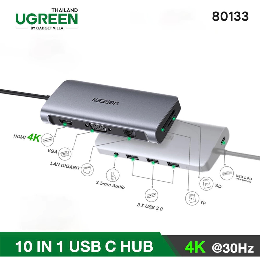 UGREEN รุ่น 80133 USB C 10 in 1 Connector, USB Type C Hub HDMI 4K, VGA ...