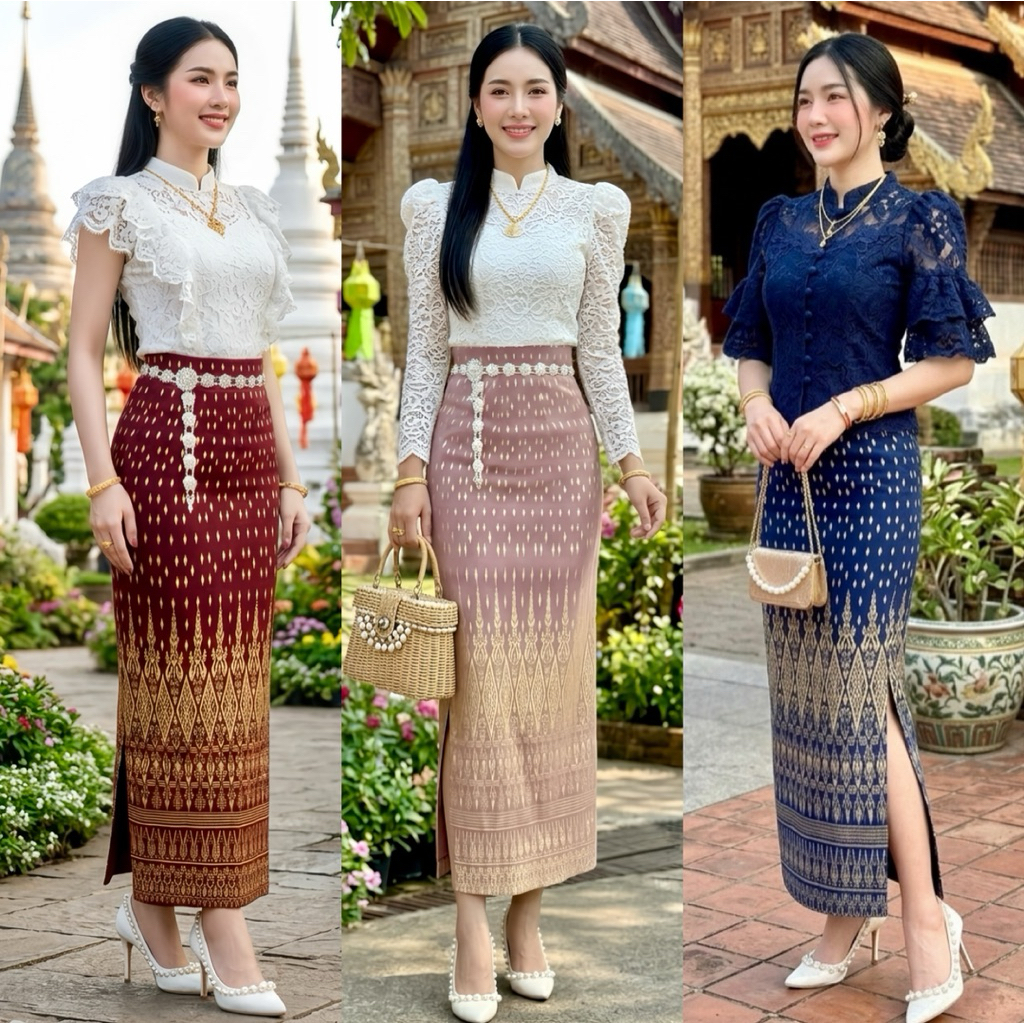 ผ้าถุงสกินนี่สำเร็จรูป ผ้ายืดทั้งผืน ใส่สบาย ไม่ต้องเย็บ ทรงผ่า เอวยางยืด ลายต้นสน
