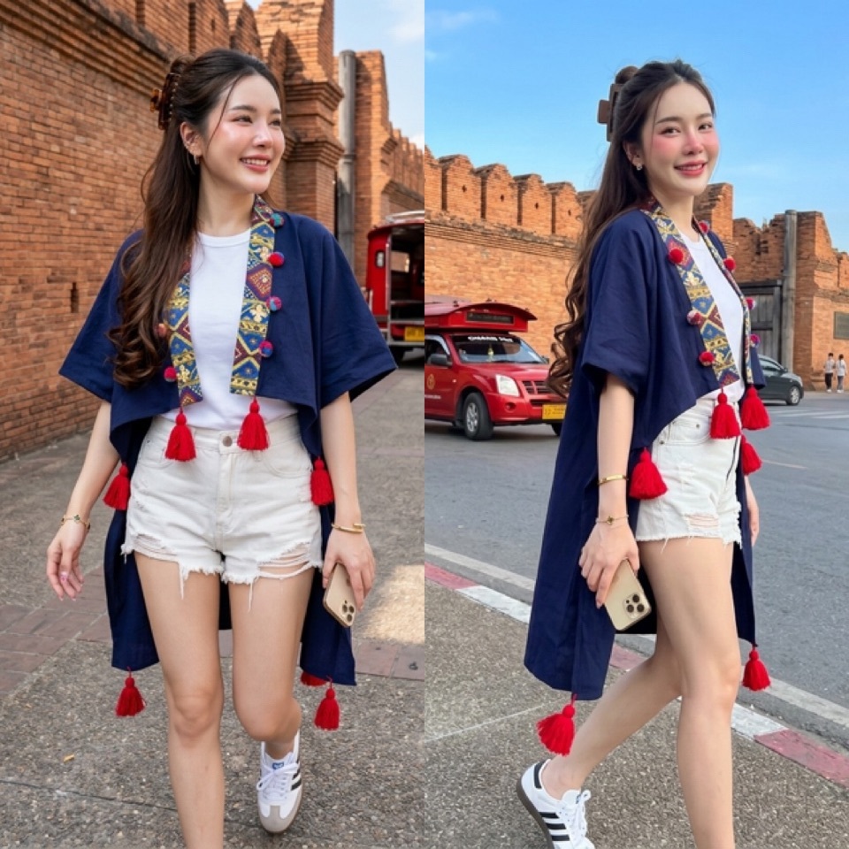 เสื้อคลุมค้างคาว แบบหน้าสั้นหลังยาว สาวอวบสาวอ้วนใส่ได้ ผ้าฝ้ายเชียงใหม่นุ่มมาก ใส่พู่ม้งชายเสื้อสีแดง