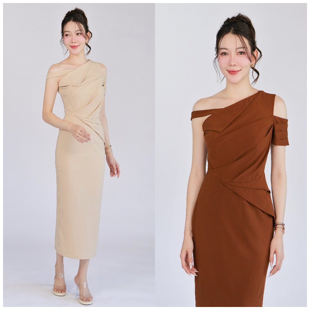 FN2106 เดรสชีฟองไหล่เฉียงเดรปเอว ไปงานแต่ง เพื่อนเจ้าสาว สีสวยทันสมัย ไซส์ S-XL