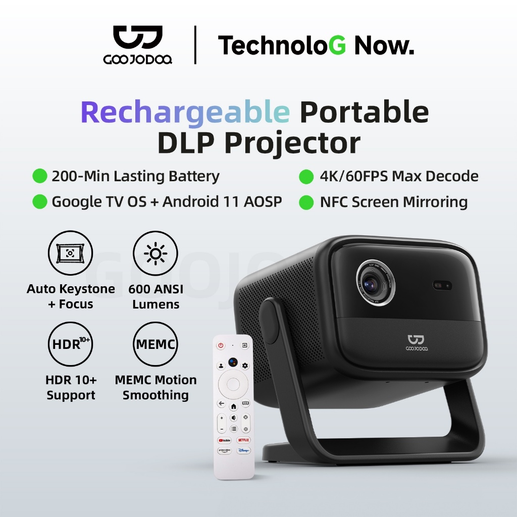 GOOJODOQ Rechargeable DLP Projector Android11 + Google TV system 200 ...