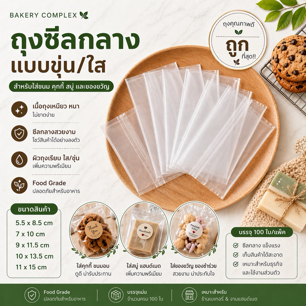 🚚ส่งฟรี ส่งทุกวัน🔥 ถุงซีลคุกกี้ ถุงบราวนี่ ใส่เบเกอรี่ ใส่ขนม ถุงสบู่ มีทั้งแบบใสและขุ่น (95-100 ใบ)