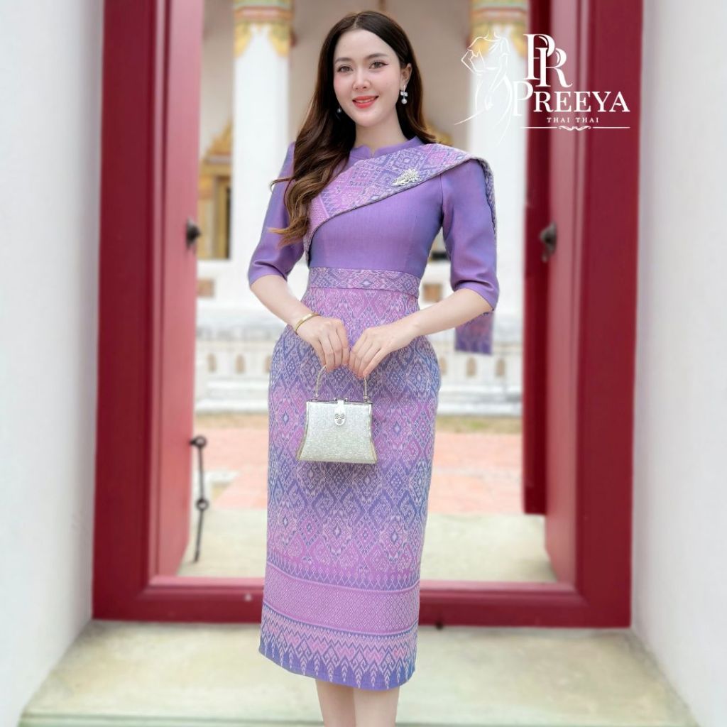 PR182 เดรสผ้าฝ้ายทอลายอัดกาว ห่มสไบ ชุดไทยสวยหรู ไซส์ S-2XL มุมมองที่ 3