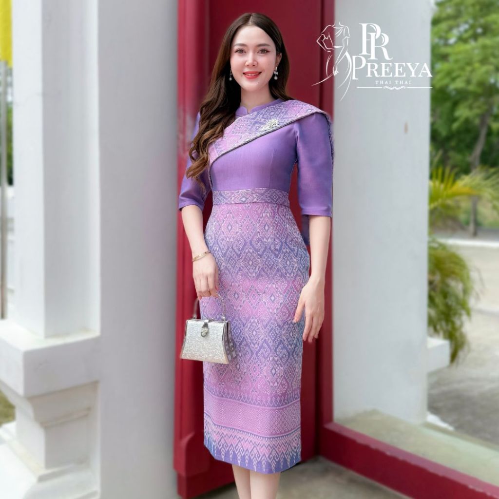 PR182 เดรสผ้าฝ้ายทอลายอัดกาว ห่มสไบ ชุดไทยสวยหรู ไซส์ S-2XL มุมมองที่ 5