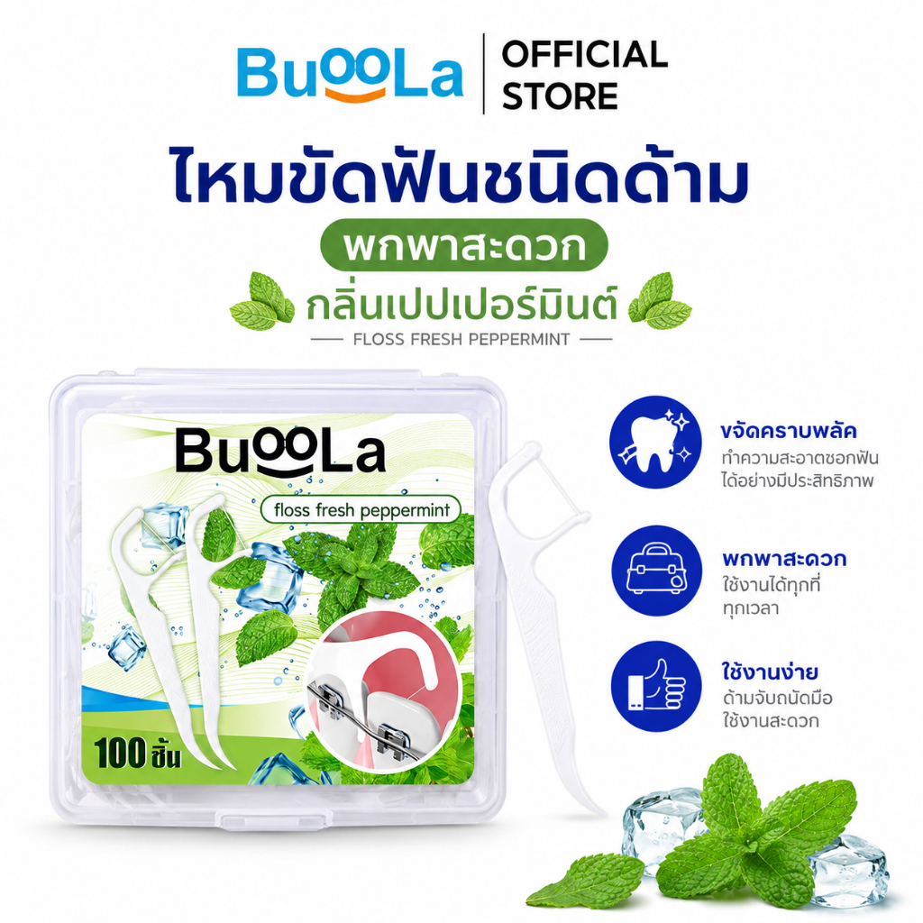 [มีให้เลือก 1-4 กล่อง] Buoola ไหมขัดฟัน กลิ่นเปปเปอร์มินท์ ช่วยขจัดเศษอาหาร เส้นไหมเหนียวทน