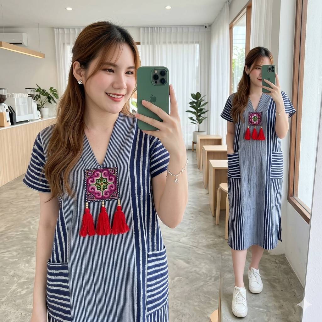 เดรสกะเหรี่ยงผ้าฝ้ายเชียงใหม่ ทรงหลวม พรางพุง ใส่สบาย สีสวย ส่งไว มีเก็บปลายทาง