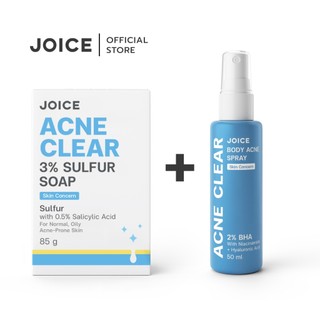 [DUO Set] JOICE Acne Clear - 3% Sulfur Soap 85 g + Body Acne Spray 50 ml Bộ xà phòng và xịt trị mụn cho da cơ thể, lưng, ngực, mông