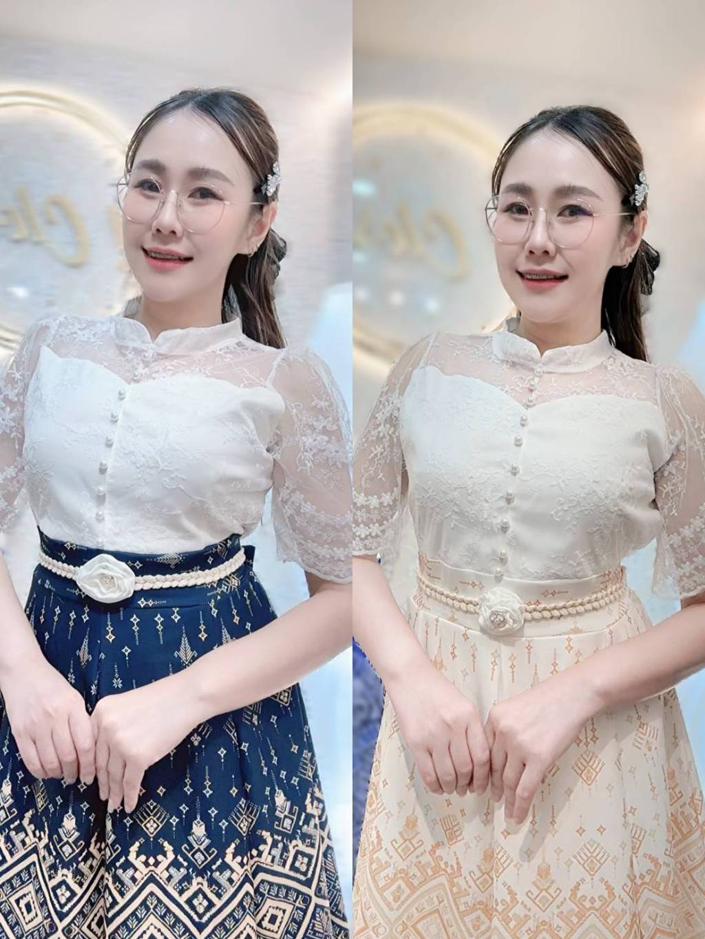 ชุดเดรสไทยประยุกต์ P121 ผ้าบาร์บี้ลายไทย คอจีนลูกไม้ ซับใน ฟรีไซส์ ใส่ทำบุญ มุมมองที่ 4