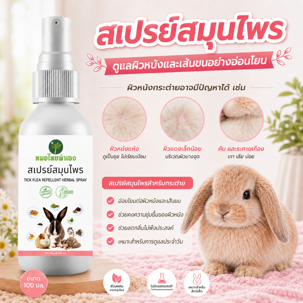 สเปรย์สมุนไพรกระต่าย ดูแลผิวหนังที่มีปัญหา ลดพฤติกรรมคัน 100 ml กระรอก แกสปี้ แฮมเตอร์  หมอไทยทำเอง