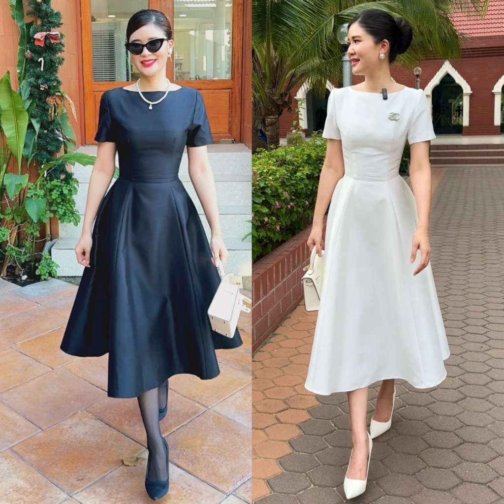 เดรสผ้าไหมอิตาลี แขนสั้น ขาว-ดำ ใส่ทำบุญ พรีเวดดิ้ง ไซส์ S-3XL