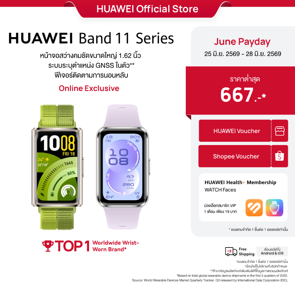 [6.25 - 6.28 | โค้ดลด 25%] HUAWEI Band 11 Series | สมาร์ทวอทช์ |หน้าจอสว่างคมชัดขนาดใหญ่ 1.62 นิ้ว