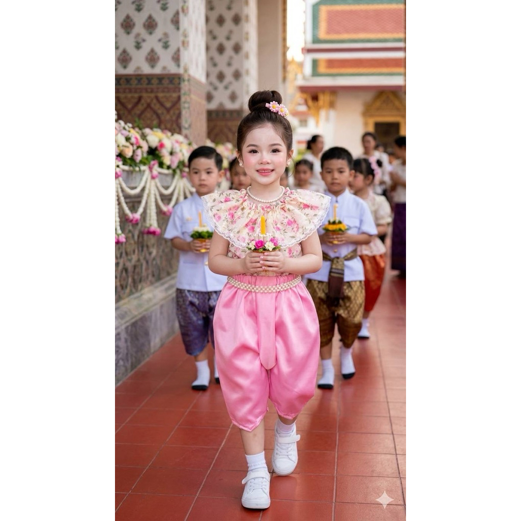 ชุดไทยเด็กผู้หญิงคอระบายลูกไม้ใส่ทำบุญไปโรงเรียนน่ารักสุดๆ ไซส์ S-XL มุมมองที่ 6