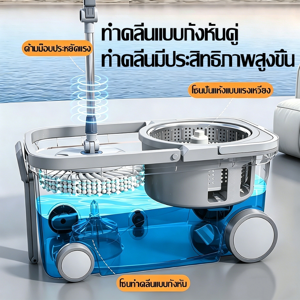 【5 ปี เปลี่ยนใหม่】ถังปั่นม๊อบ แยกน้ำสกปรก ปั่นแห้งไว ถังถูพื้นพร้อมไม้ถูพื้น ชุดทำความสะอาดพื้นในบ้าน ใช้งานง่าย