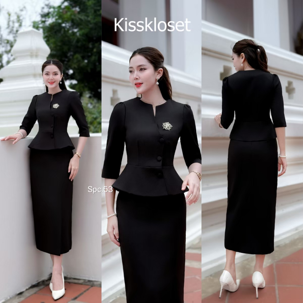 เซตลินดา เสื้อผ้าไหมยกลาย กระดุมปาด ระบายชาย ไซส์ S-5XL ใส่สวยทุกไซส์ พรางพุง