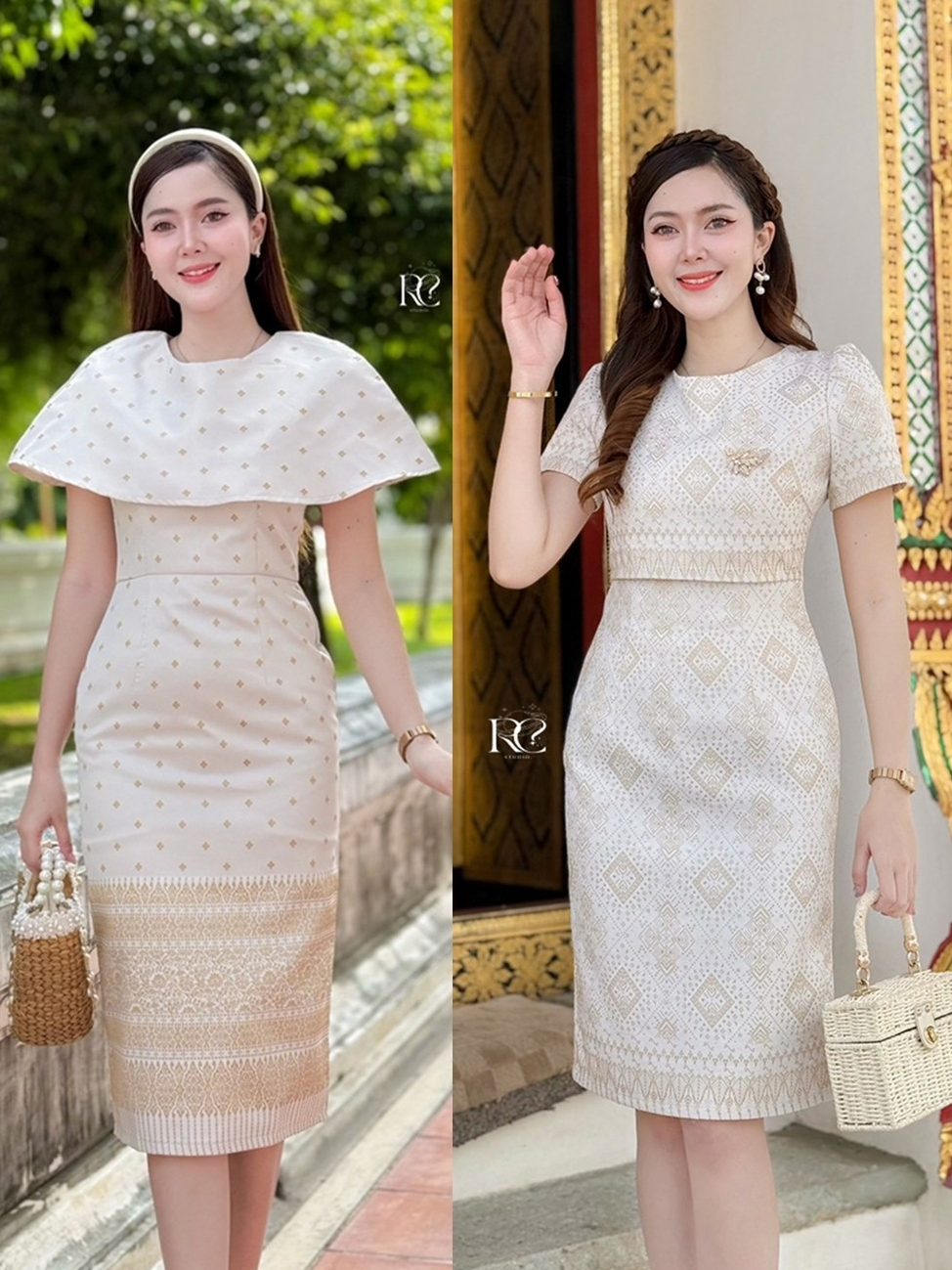 เดรสผ้าไทยลายแพรววา ทรงสอบ ผ่าหลัง สีขาวงาช้าง ฟ้า เหลือง ราคา 729 บ. แถมพิน มุมมองที่ 2