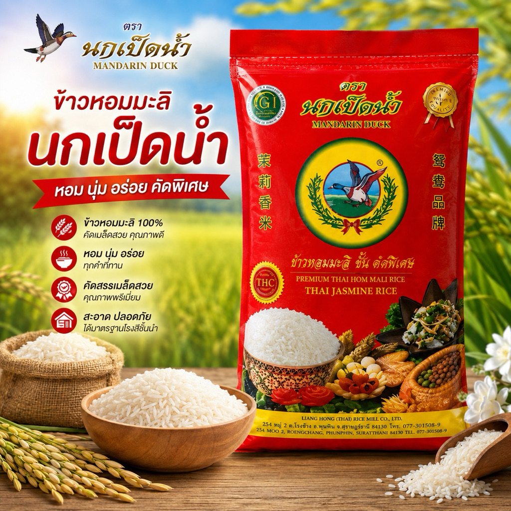 ข้าวหอมมะลินกเป็ดน้ำ เชือกน้ำเงินข้าวหอมมะลิไทย ข้าวสารคุณภาพ หอมนุ่ม อร่อย