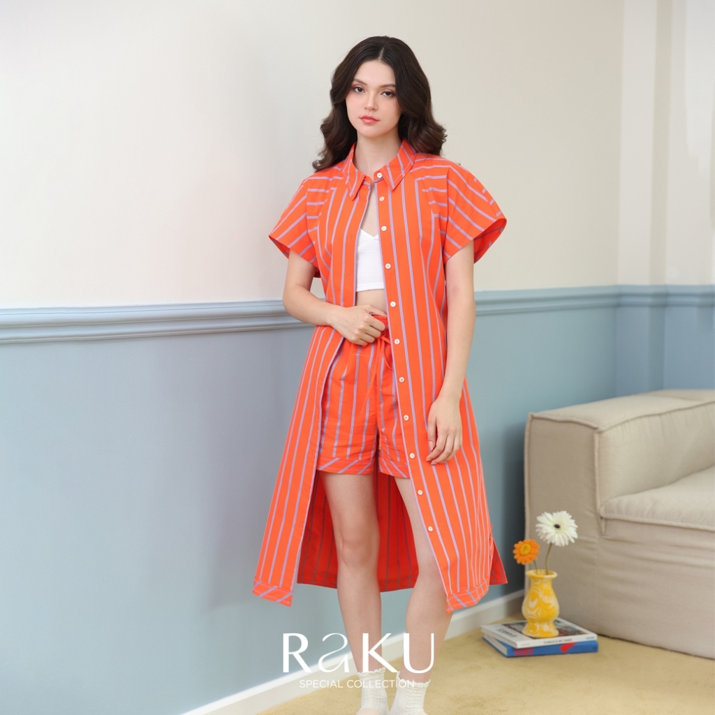 Shaka AW25 Raku Stripe Zig-Zag Stitch Relaxed Shirt Dress เชิ้ตเดรสซิลลูเอตหลวม DS-8251021 (ORANGE)