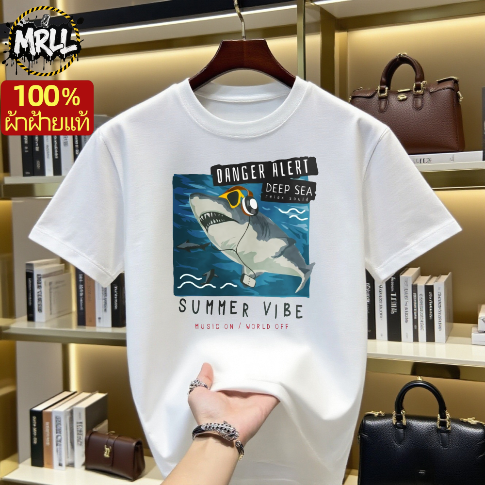 【จัดส่งจากไทย】MRLL เสื้อยืดผู้ชาย สไตล์สตรีทอเมริกัน ฉลาม ฟังเพลง การ ...