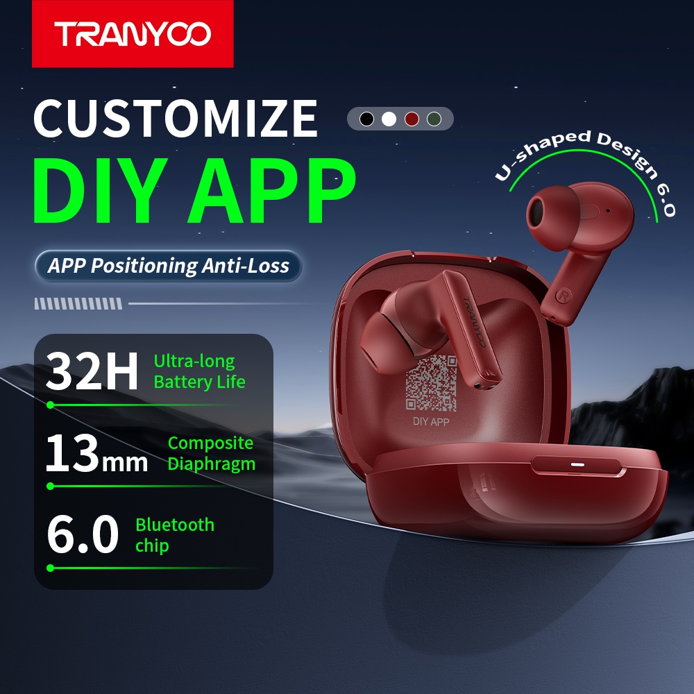 TRANYOO M01 หูฟังบลูทูธ ใช้ชิปบลูทูธ 6.0 หูฟังที่ปรับแต่งได้ผ่านแอพ EQ ปรับได้ โหมดเกม