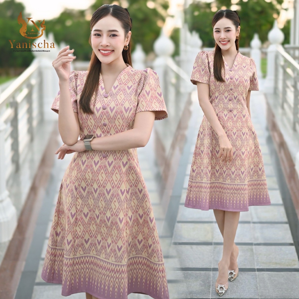 เดรสผ้าไหมทอลาย ชุดไปวัดทำบุญ หรูสุภาพ สีชมพู-ม่วง ไซส์ XS-5XL