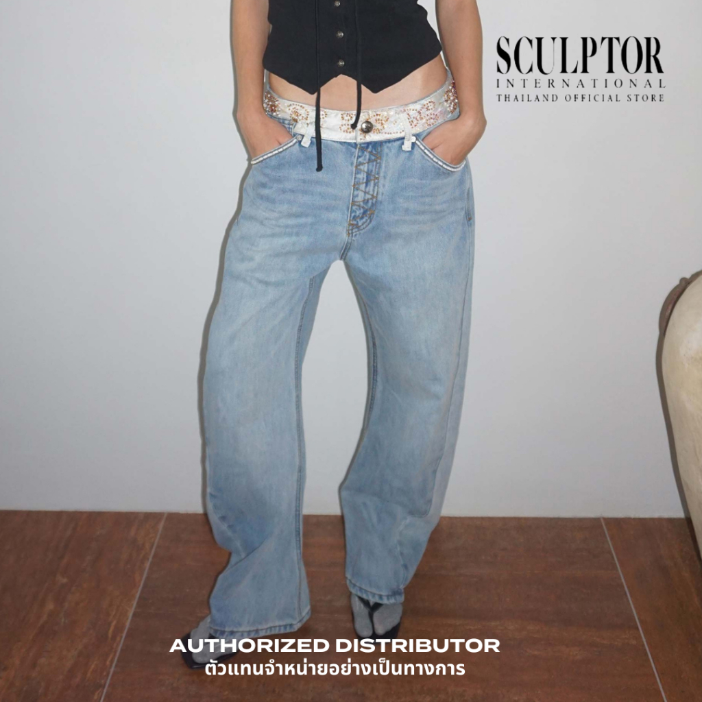 SCULPTOR® กางเกงยีนส์ Beaded Waist Denim Pants | Shopee Thailand