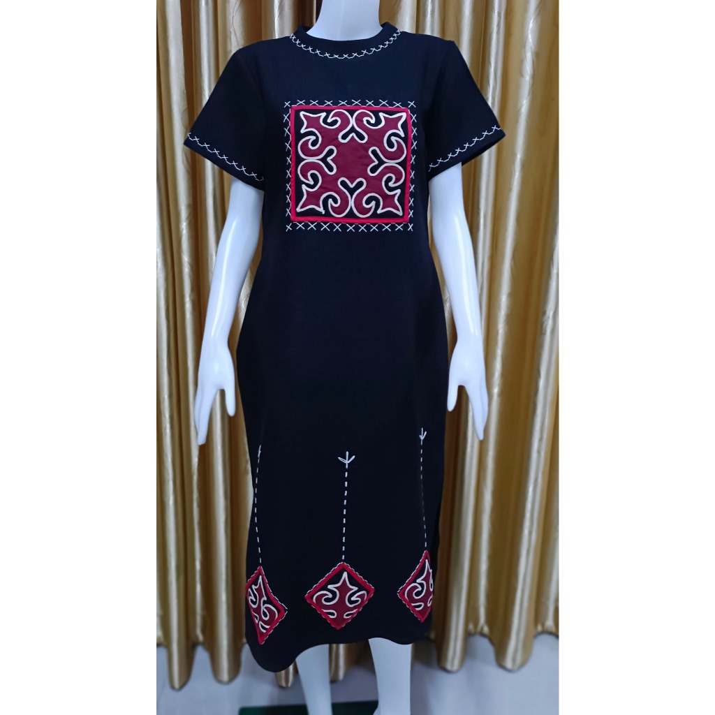 เดรสผ้าใยกัญชง สีดำ ลายดอกเมี่ยน (Size 42) | Shopee Thailand
