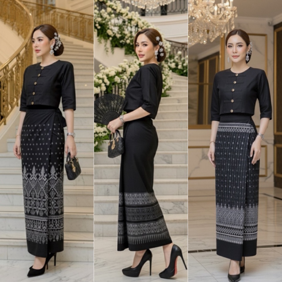ผ้าถุงสีดำ ผ้าฝ้ายพิมพ์ลายเย็บสำเร็จแบบเชือกผูกเอว (มีไซร้คนอ้วน) ลายสวยๆใส่ทำงาน ใส่ออกงานไว้ทุกข์ได้ค่ะ