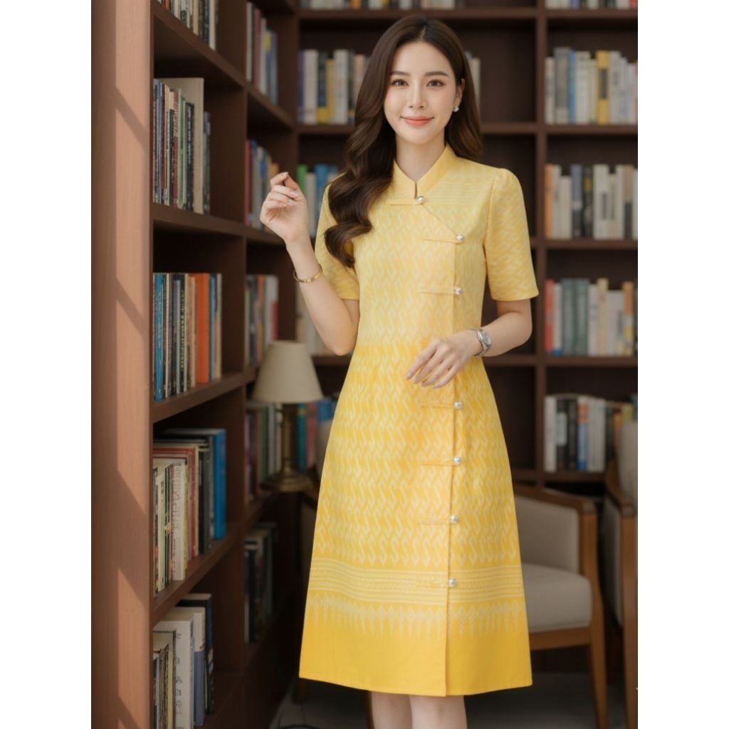 เดรสคอจีนผ้าฝ้ายลายมังกรทอง-ขอพระราชทาน อก36-48 ไซส์ใหญ่ สีสวย เนื้อผ้าดี มุมมองที่ 6
