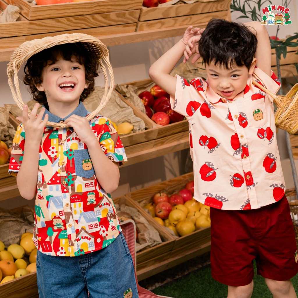 Mix Me เสื้อเชิ้ต กางเกงขาสั้น ลายเมืองApple ผ้า Oxford / Twill เด็กชาย ...