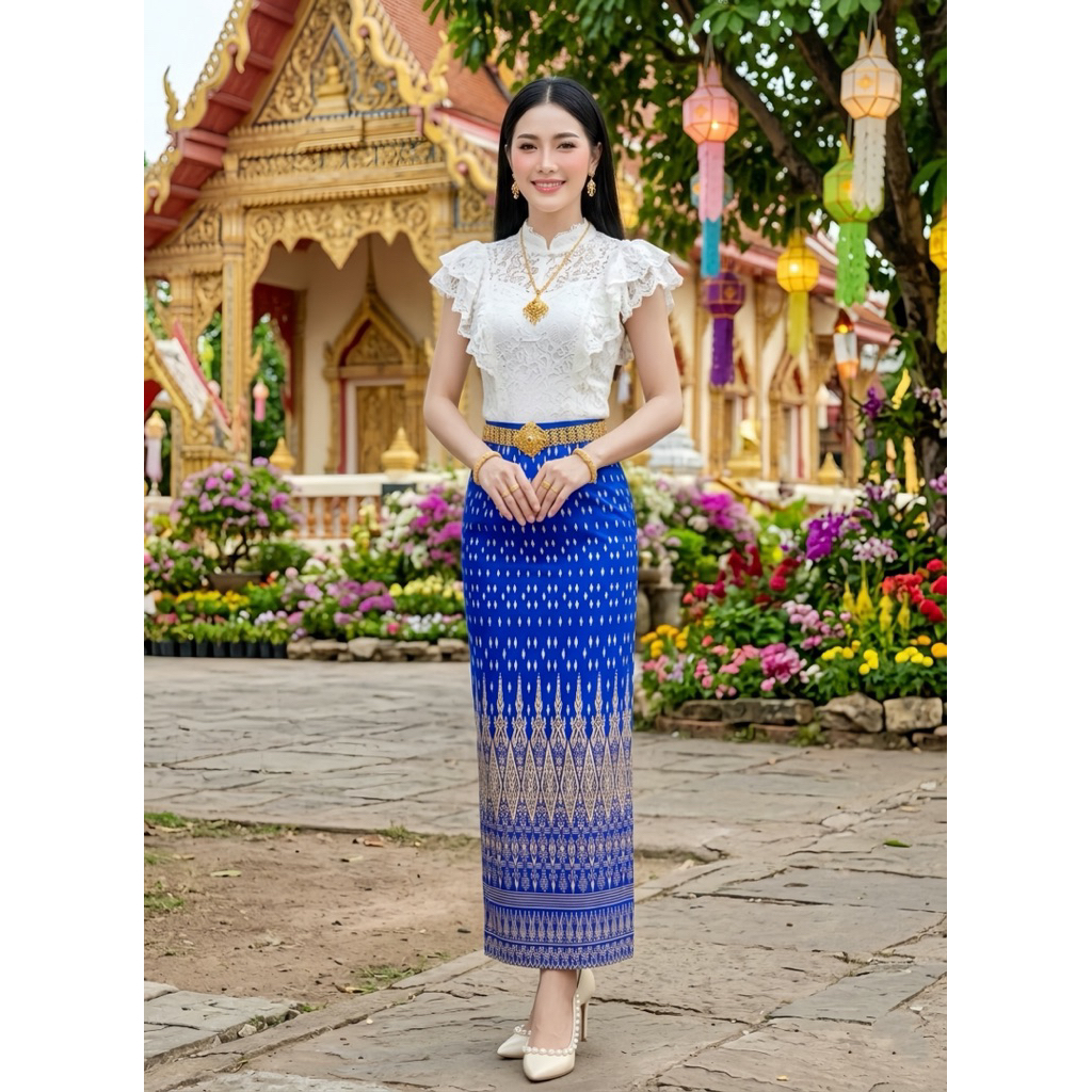 ผ้าถุงสกินนี่สำเร็จรูป ผ้ายืดทั้งผืน ใส่สบาย ไม่ต้องเย็บ ทรงผ่า เอวยางยืด ลายต้นสน มุมมองที่ 3