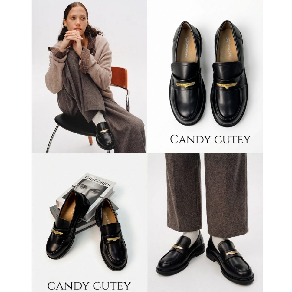 Candy Cutey Gold Strap Loafer หนังเรียบและหนังกลับ ดีเทลโลโก้ทอง พื้นแข็งแรง ใส่สบาย
