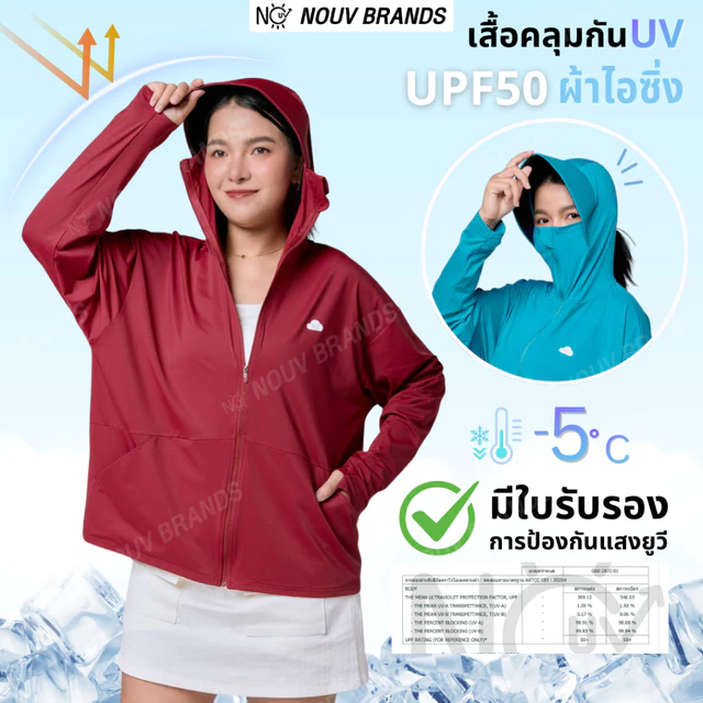 เสื้อคลุม [รุ่นIcing] เสื้อคลุมกันแดด เสื้อเย็น มีหมวกกันแดด ซิปปิดหน้า เสื้อฮู้ดกันแสงแดด กันUV UPF50 NOUV BRANDS