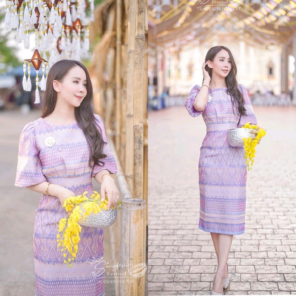 เดรสผ้าทอลายไทยพรีเมี่ยม เอวสูงแขนระฆัง ทรงสวยเป๊ะ ดูแพง ใส่แล้วเพรียว มุมมองที่ 5