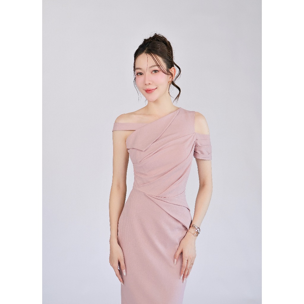 FN2106 เดรสชีฟองไหล่เฉียงเดรปเอว ไปงานแต่ง เพื่อนเจ้าสาว สีสวยทันสมัย ไซส์ S-XL มุมมองที่ 6
