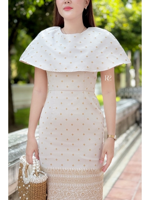 เดรสผ้าไทยลายแพรววา ทรงสอบ ผ่าหลัง สีขาวงาช้าง ฟ้า เหลือง ราคา 729 บ. แถมพิน มุมมองที่ 3